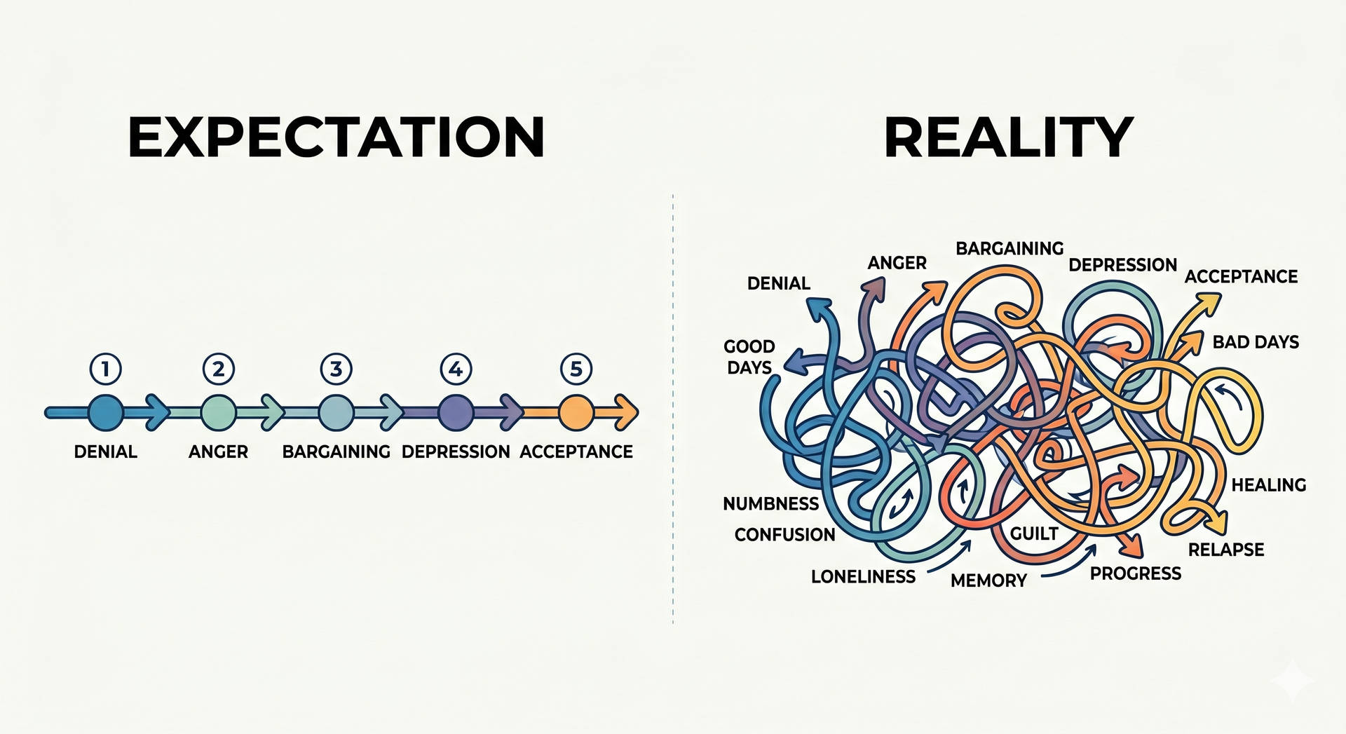 “Expectation vs reality” meme: simple blue/orange line diagram beside a messy tangled multicolor network.