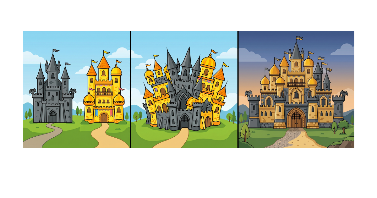 Three stylized castle renderings in different colors and settings side by side.