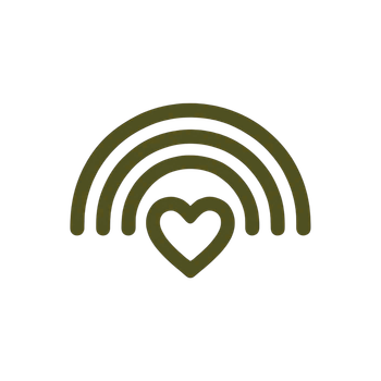 Olive green rainbow arc logo with a heart in the center on a white background