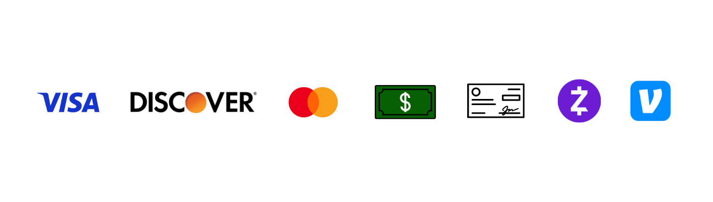 Payment method logos for Visa, Discover, Mastercard, and other cards/icons on a white background