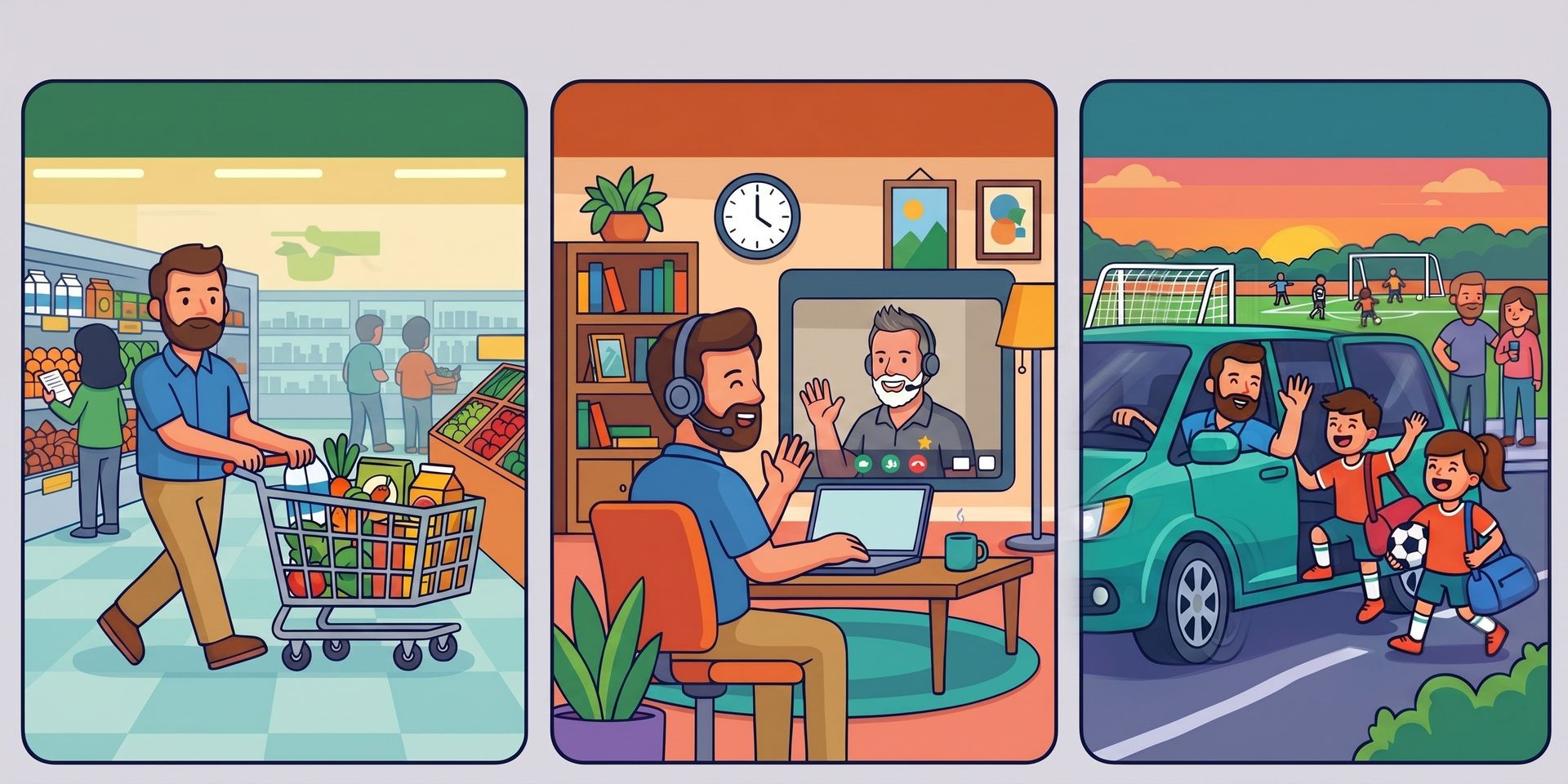 Triptych: man shopping, video call at home, and family driving at sunset.