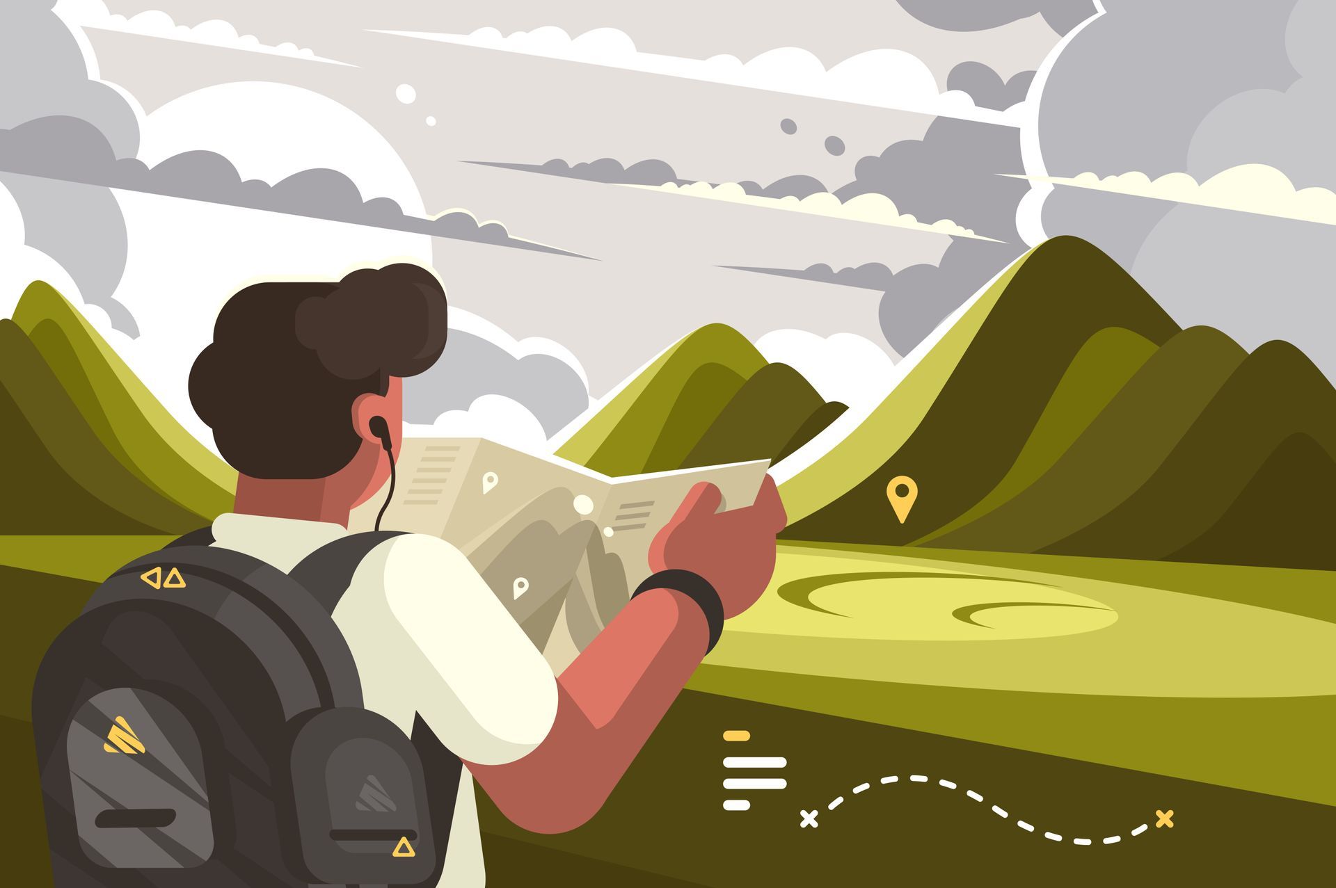 Hiker with backpack overlooks green mountains and a winding trail under cloudy skies