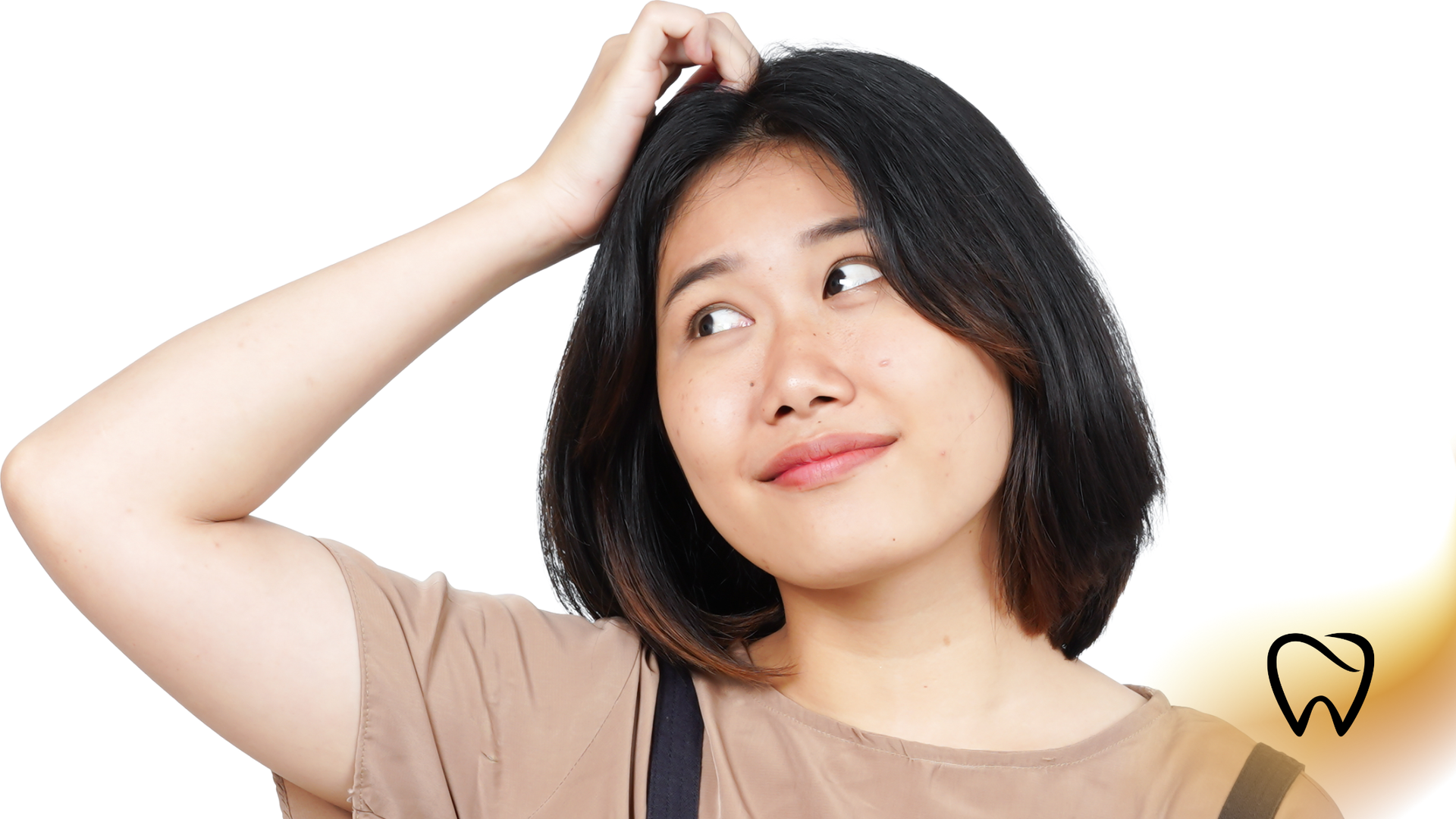 Young person with short black hair touching their head and looking up thoughtfully against a white background