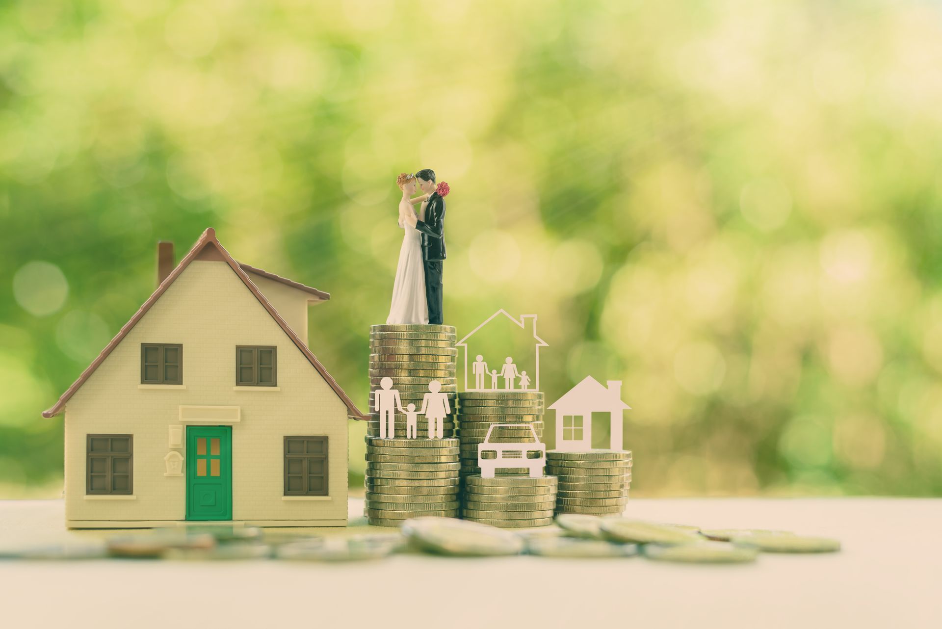 House model with stacked coins and a couple figurine, symbolizing home savings or investment House model with stacked coins and a couple figurine, symbolizing home savings or investment