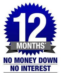 Blue sale badge with “12 Months,” “No Money Down,” and “No Interest” text.