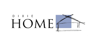 Dixie Home logo with black text and a blue house sketch