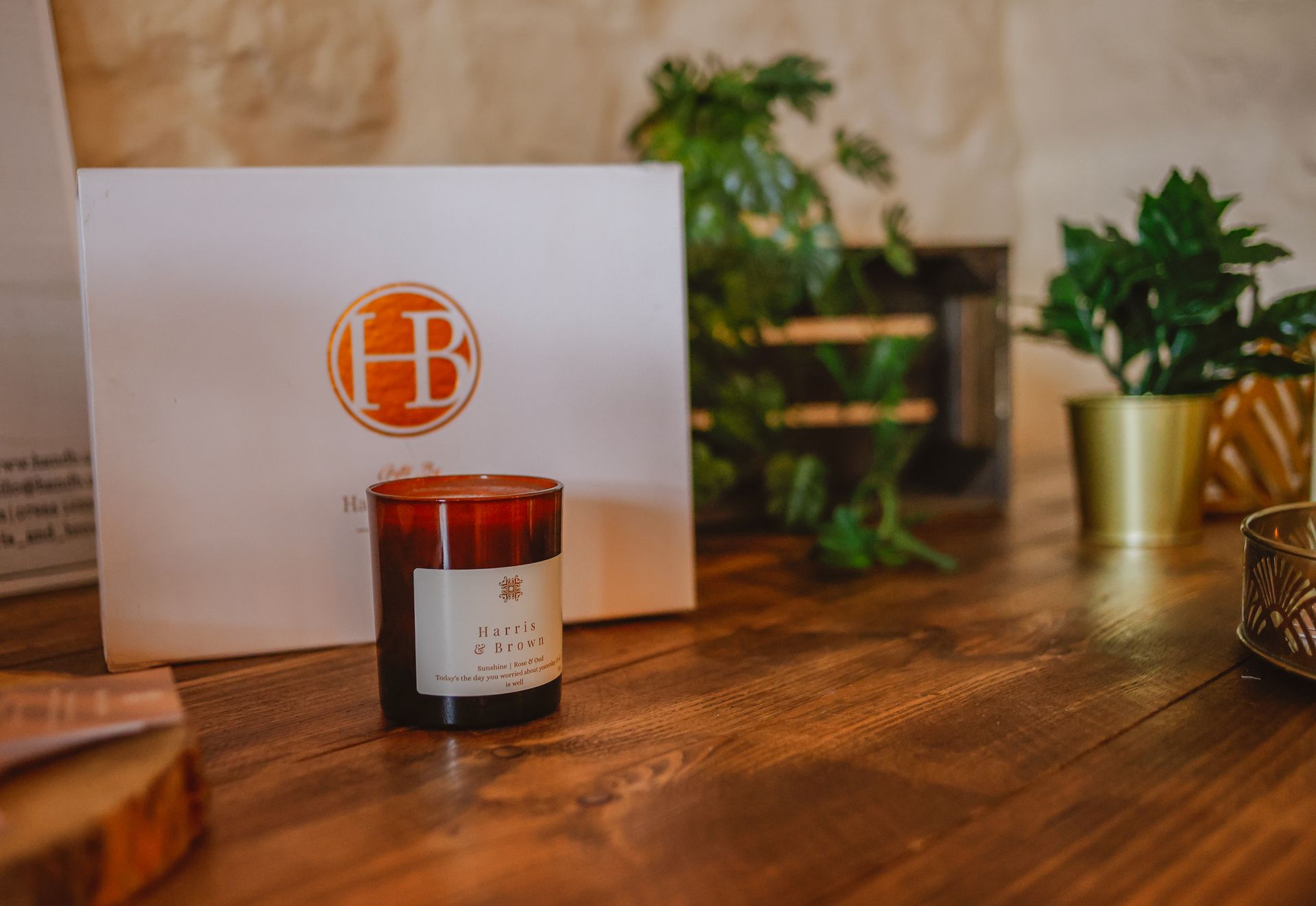 Branded candle on a wooden table with a gift box and potted plants in the background