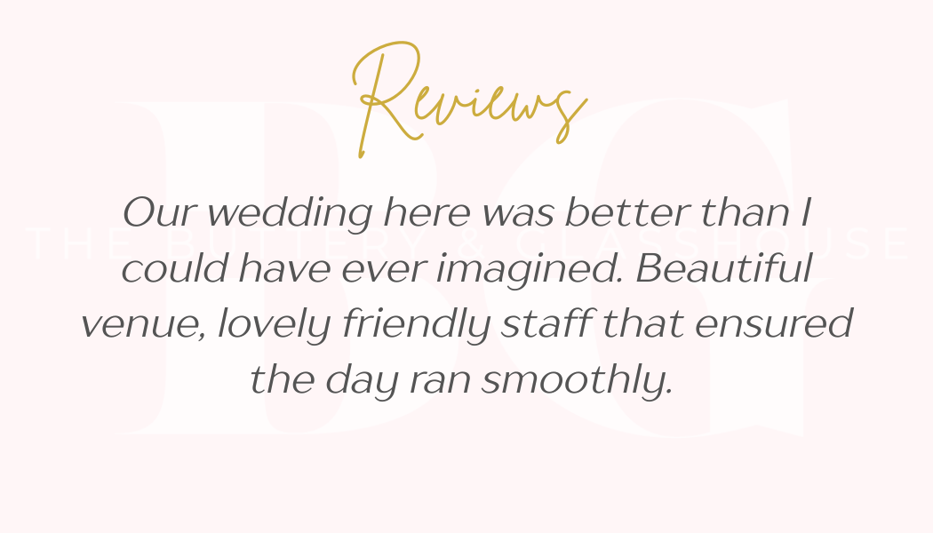 Wedding review text on a pale pink background, praising the venue and friendly staff.