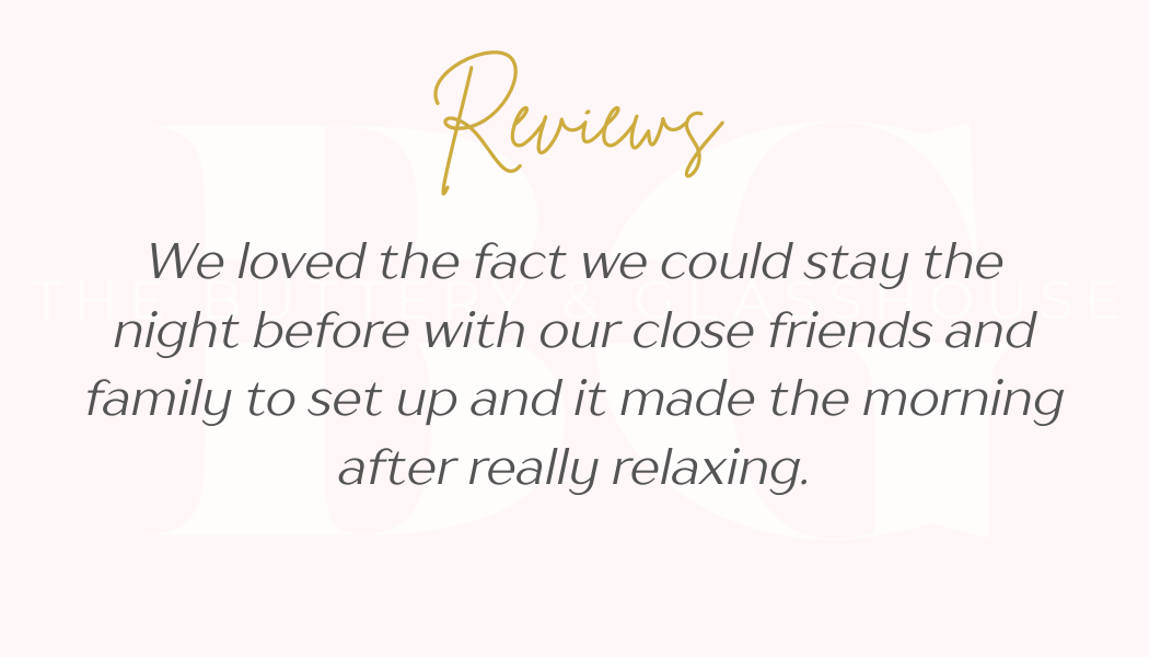 Review quote on pale pink background about staying the night before and relaxing in the morning