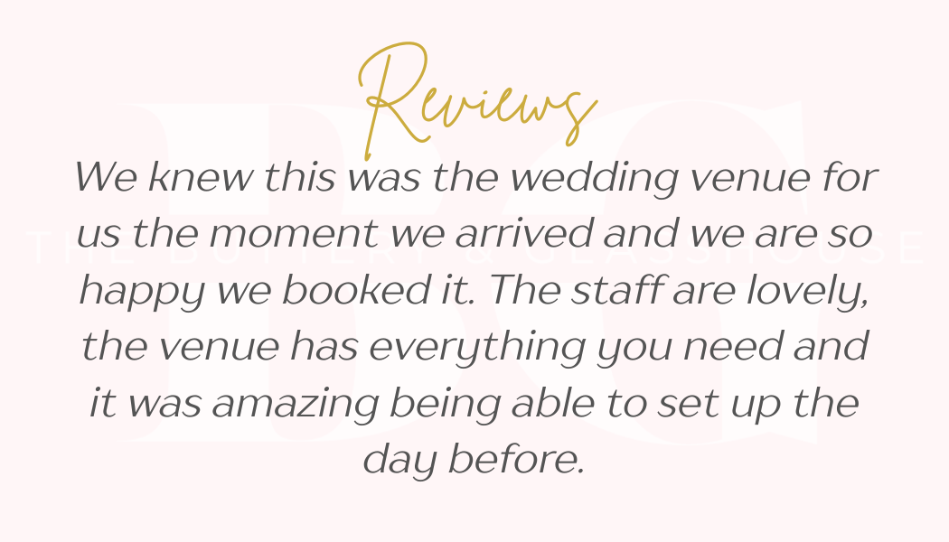 Wedding venue review text on a pale pink background with gold “Reviews” heading.