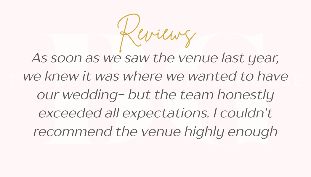 “Reviews” heading with a testimonial about a wedding venue on a light pink background