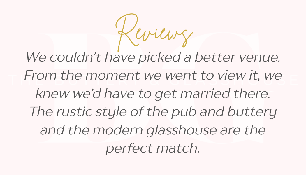 Wedding review quote on a pale pink background with gold script heading and gray text.