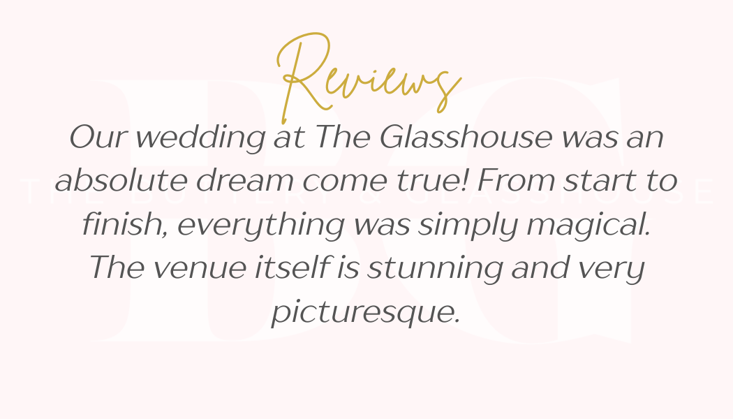 Wedding review text on a pale pink background praising The Glasshouse venue as beautiful and picturesque.