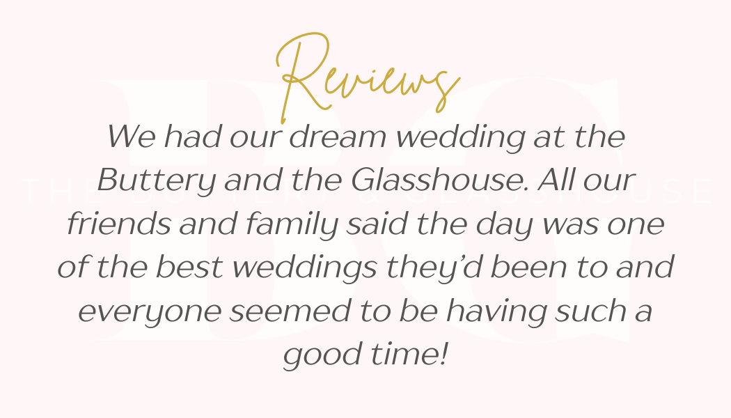 Gold “Reviews” text with a wedding testimonial in gray script on a pale pink background