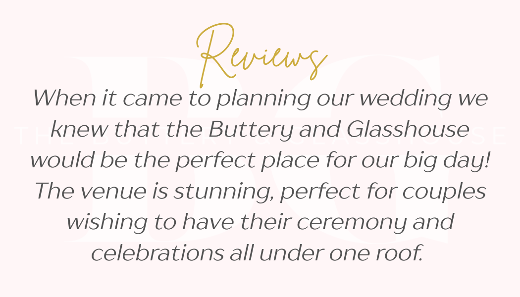 Wedding review quote in gold and gray text on a pale pink background