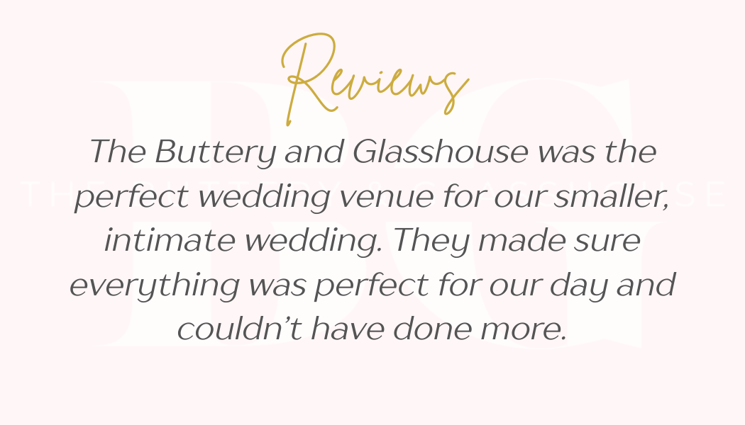 Wedding review text on a pale pink background with gold cursive “Reviews” heading.