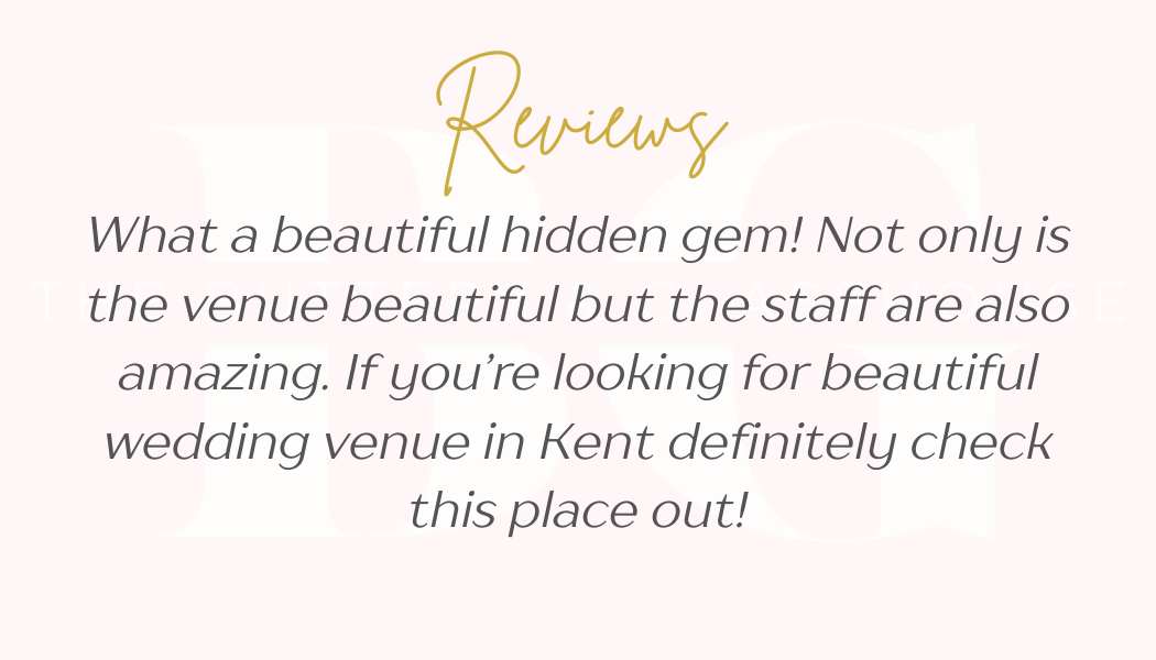 White review quote praising a beautiful wedding venue with elegant gold script on a pale pink background