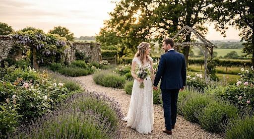 Couple walking through a garden path at sunset, surrounded by lavender and greenery, holding hands.