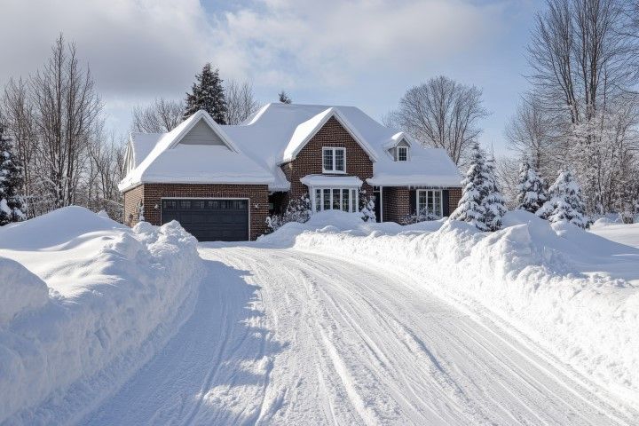 Snow-covered house and driveway on a bright winter day