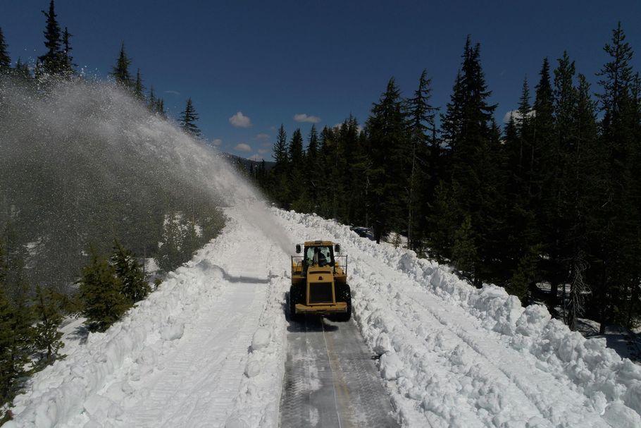 Snowplow clearing a snowy road through a pine forest, with snow spraying left.