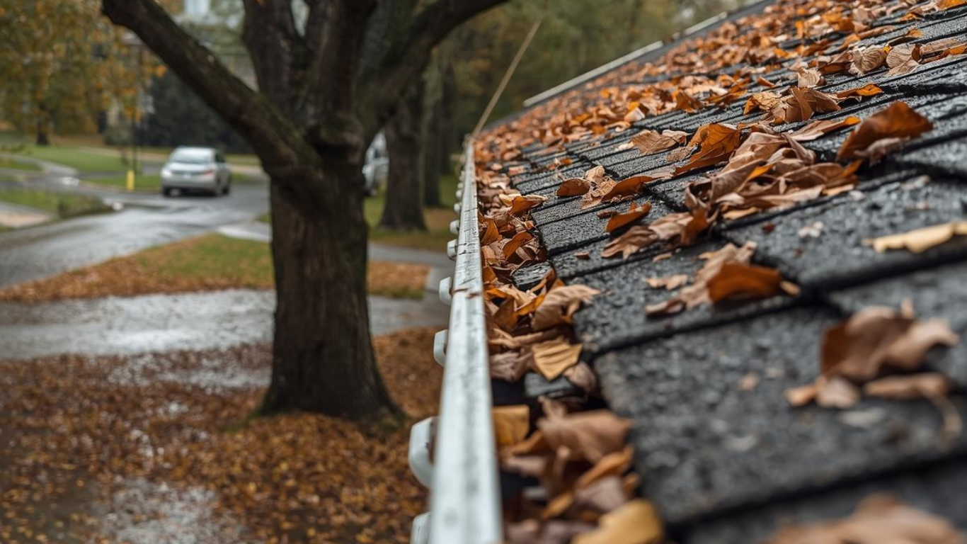 A residential roof gutter filled with wet, brown autumn leaves, with a blurry suburban street and tree in the background.