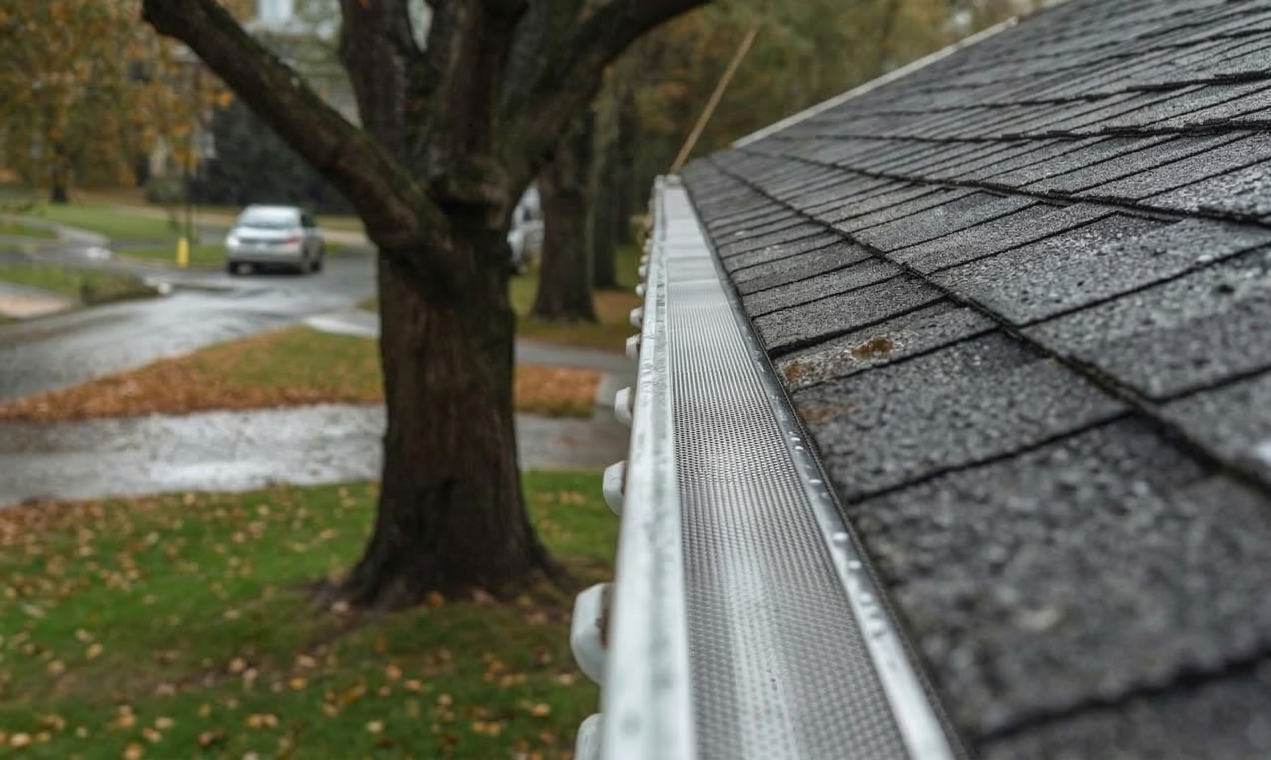 Close-up of a metal gutter guard along a roof edge.