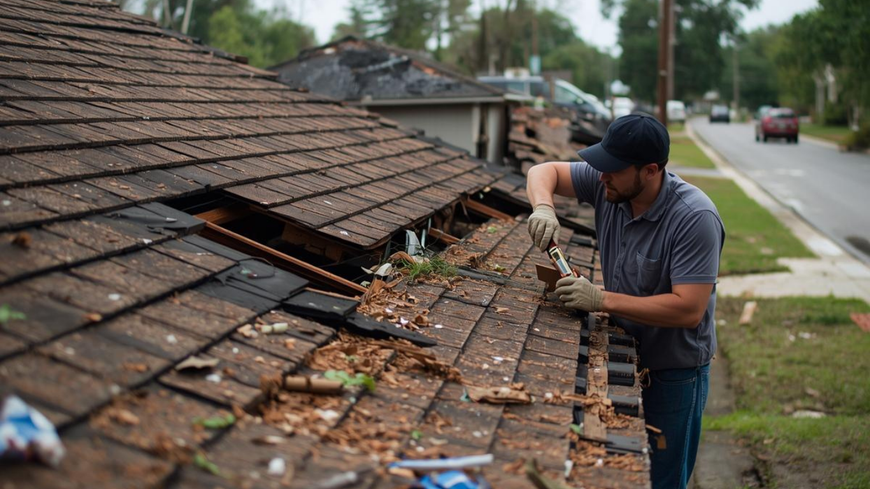 A worker in a cap and gray polo shirt repairs a damaged shingled roof on a house near a residential street.