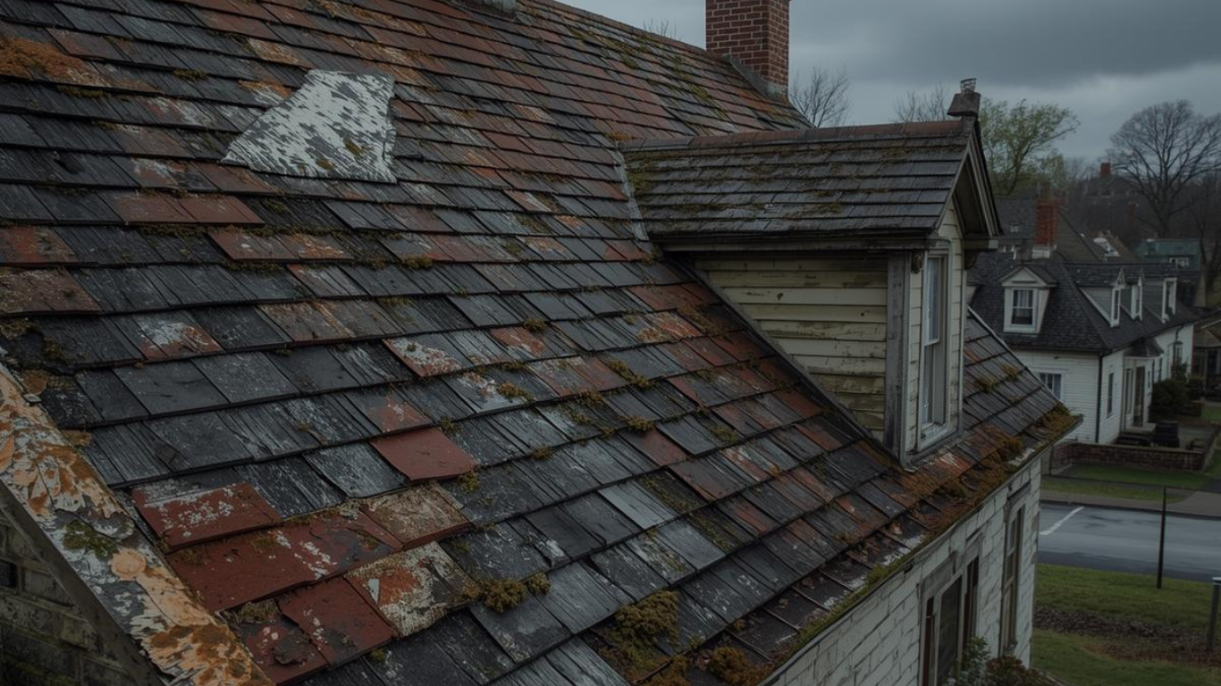A close-up of a weathered, shingled roof with a dormer window, showing peeling paint and moss against a cloudy sky.