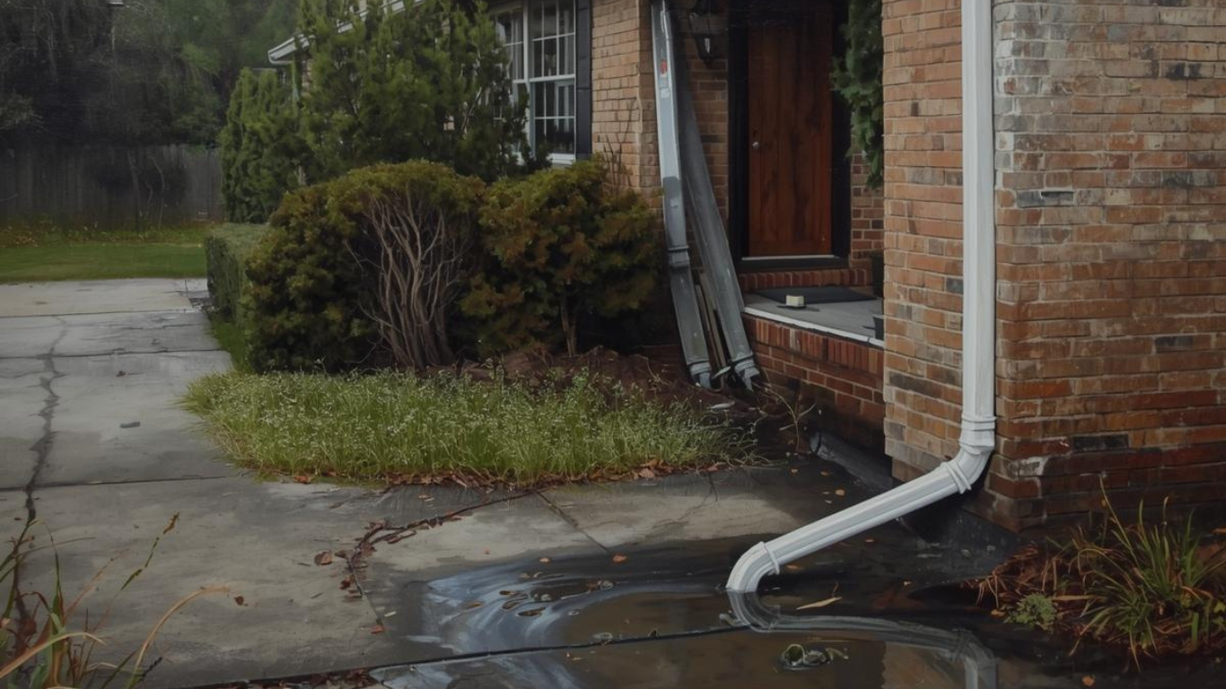 A brick house exterior with a drainage pipe spilling rainwater into a large puddle on the cracked driveway.