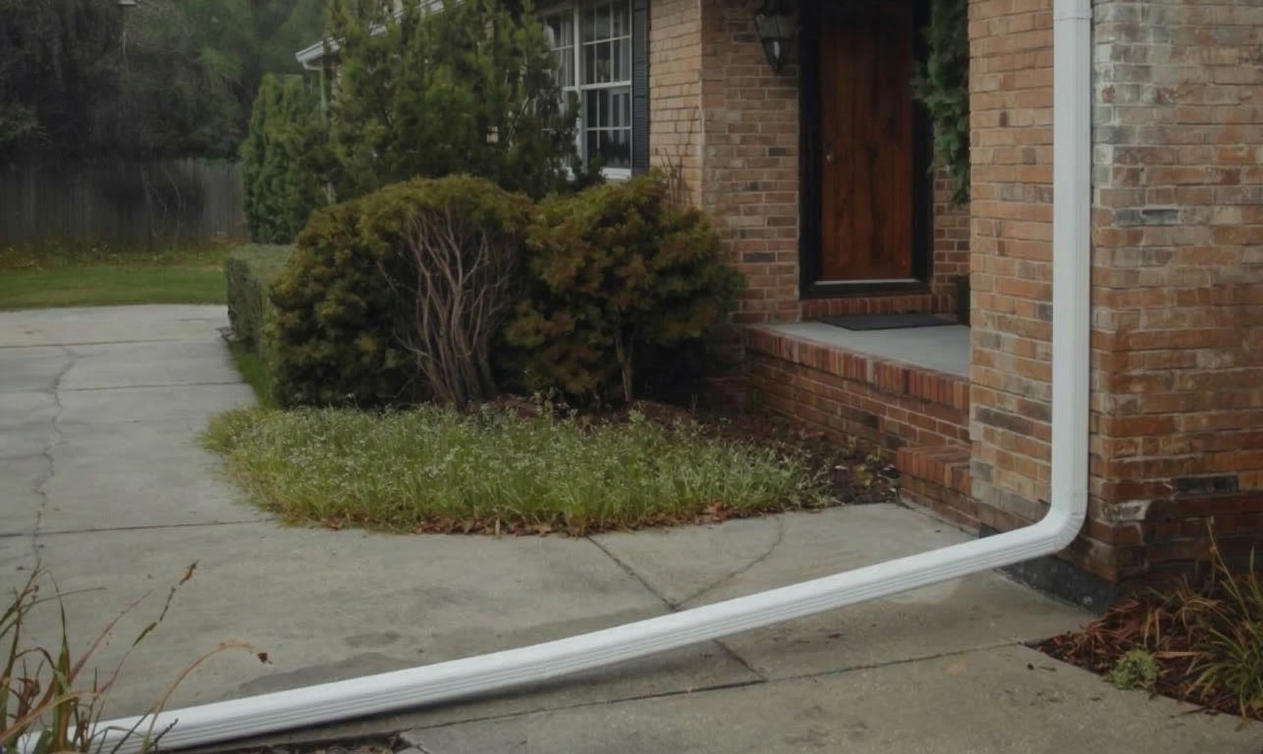 A white downspout extension runs across a concrete driveway near the brick entrance of a house.