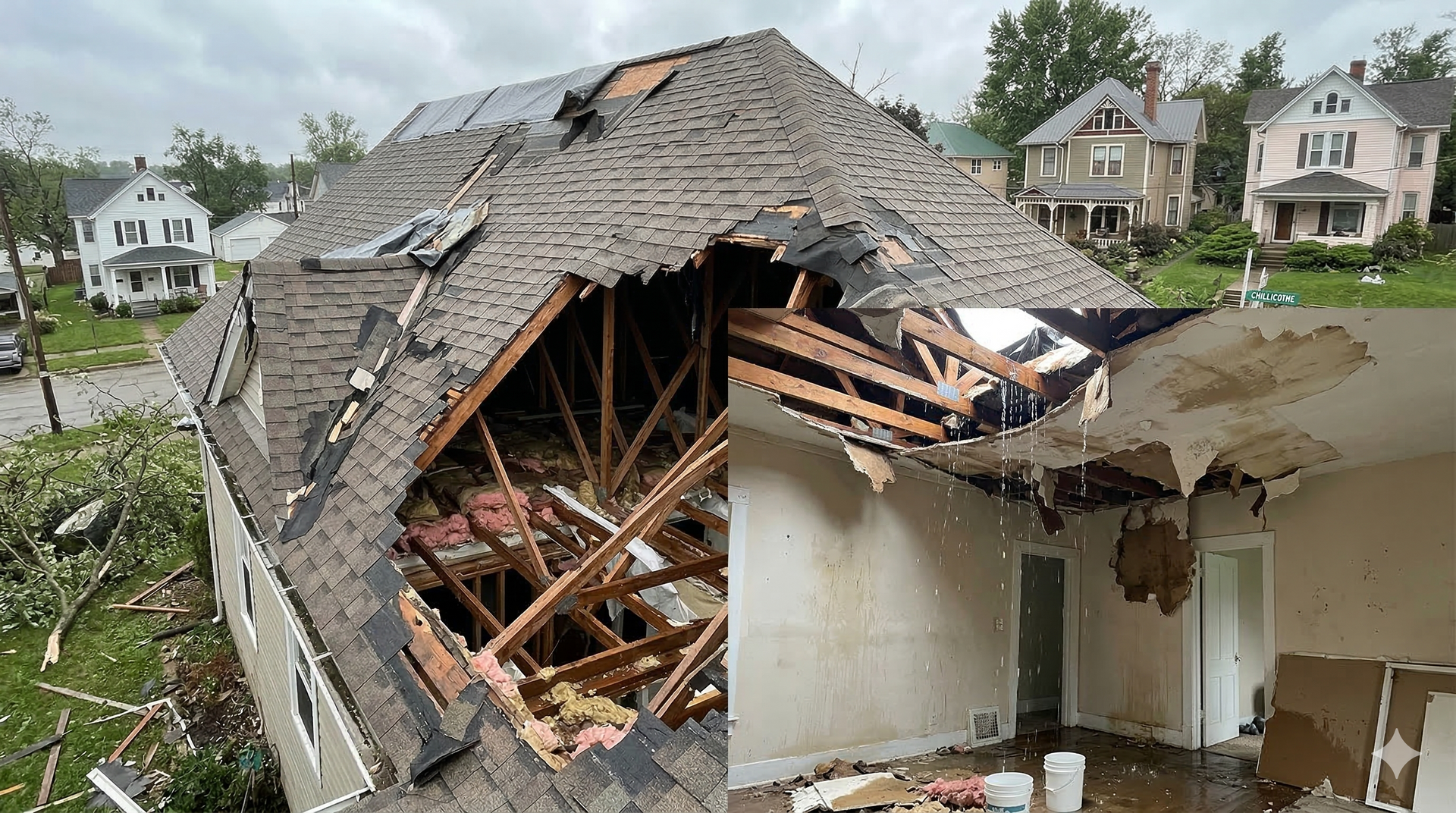 A split-view image showing a house with extensive storm damage, featuring a collapsed roof exterior and interior debris.