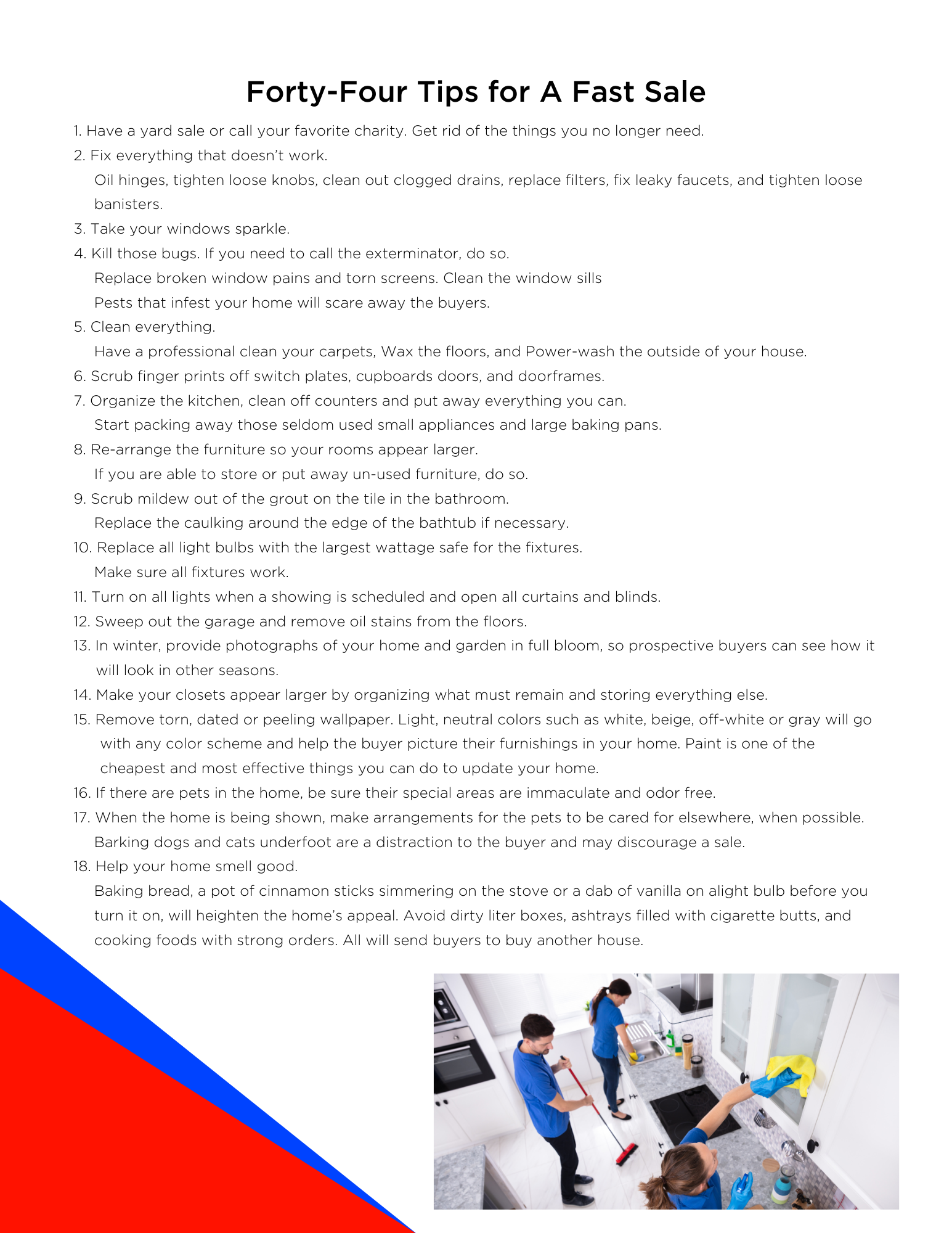 List of 44 tips for a fast sale above photo of people cleaning a kitchen.