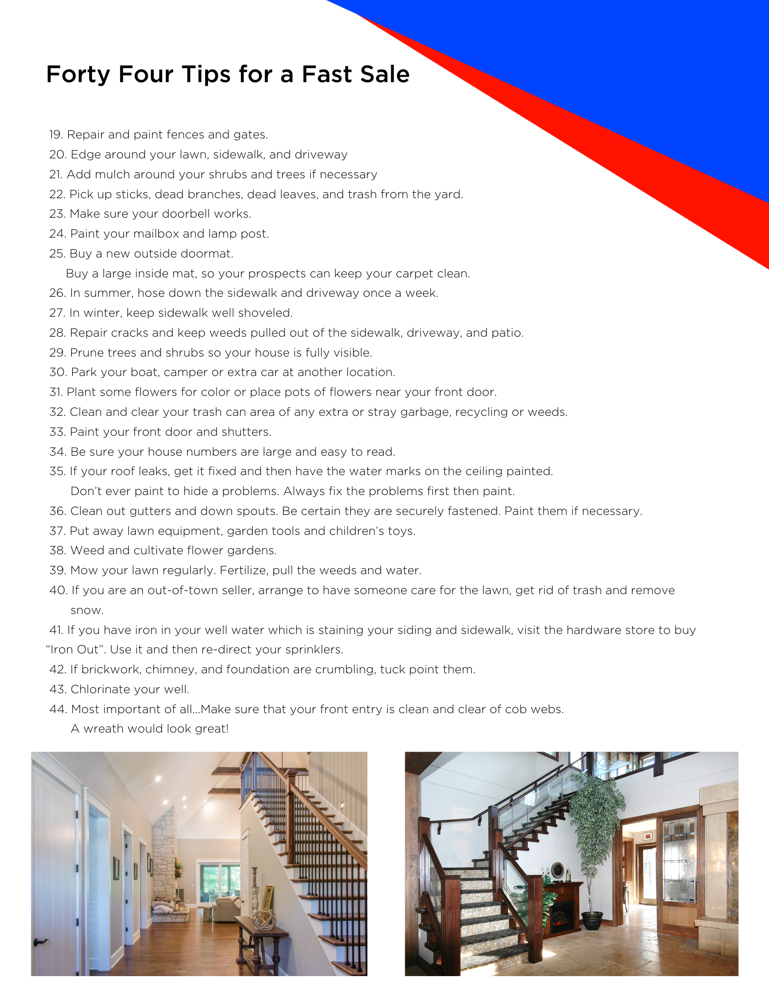 Flyer with 14 tips for a fast sale, two photos of staircases, red and blue accent colors.