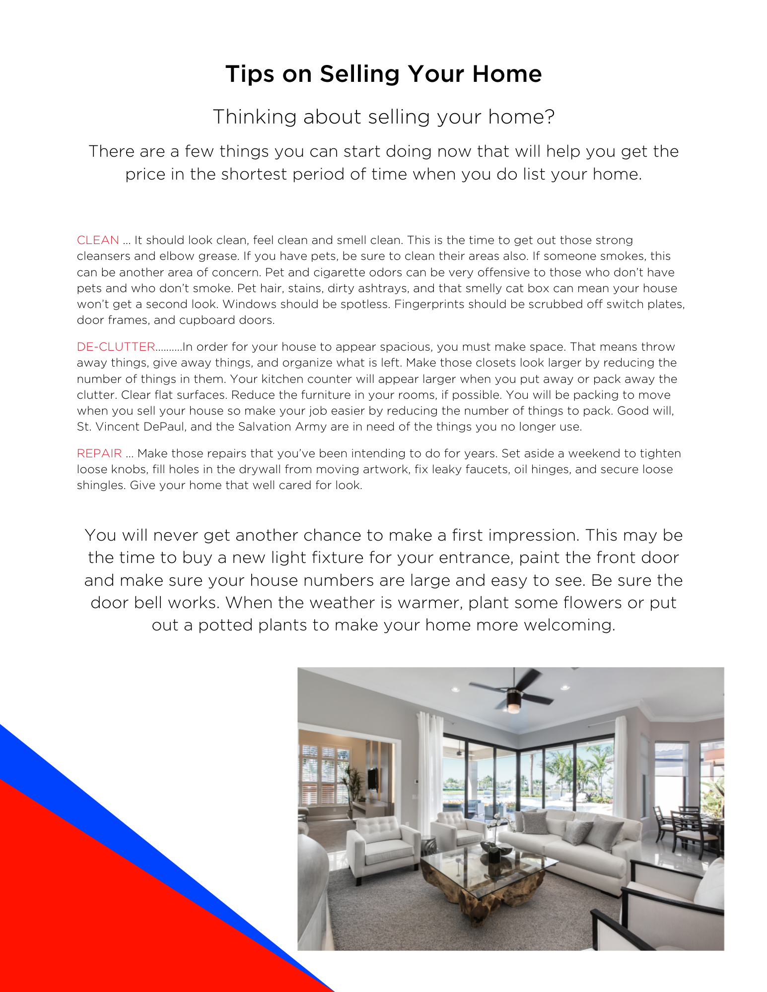 Tips for selling a home: text over a living room photo; blue, red, and white design elements.
