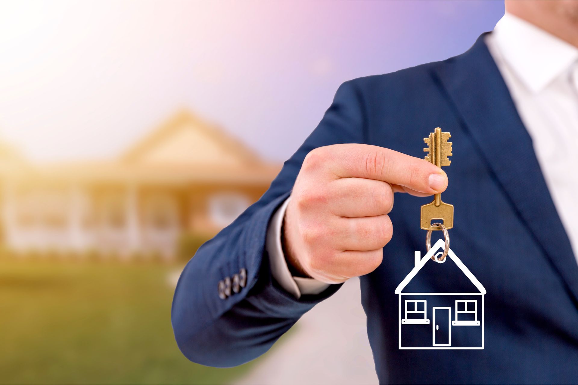 Businessman holding house keys with a home icon, symbolizing real estate purchase. Businessman holding house keys with a home icon, symbolizing real estate purchase.