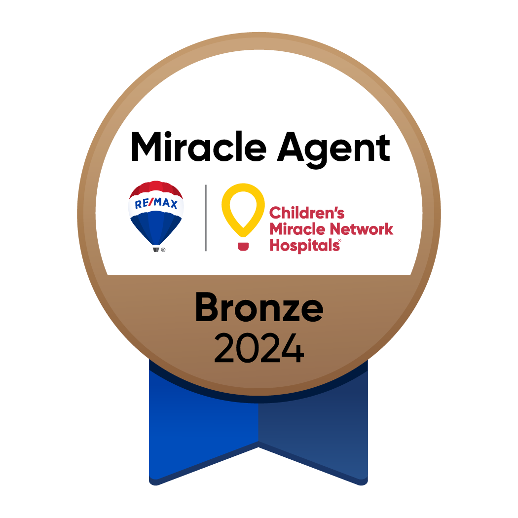 Bronze 2024 Miracle Agent badge with RE/MAX logo and Children's Miracle Network Hospitals, brown circle, blue ribbon.