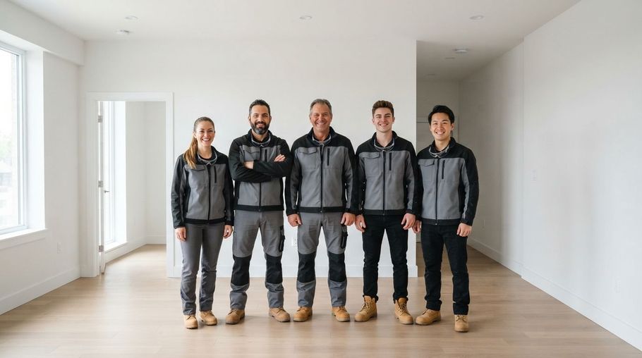 Five workers in gray uniforms and tan boots stand in an empty bright room with white walls and wood floors.