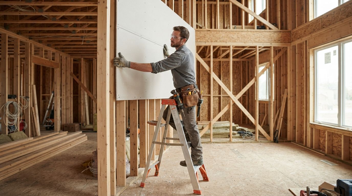 Contractor installing drywall in an unfinished wood-framed room under construction