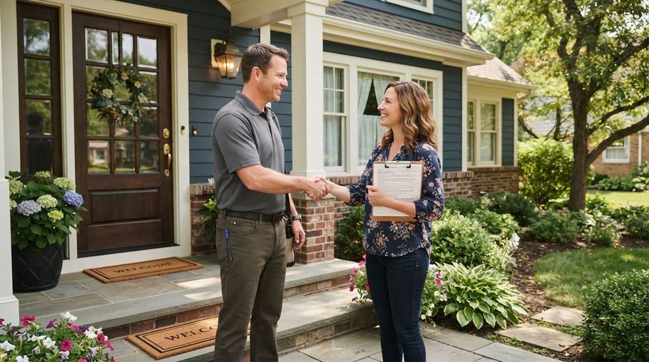 Two people talking by a house porch, with one holding a clipboard in a sunny garden.