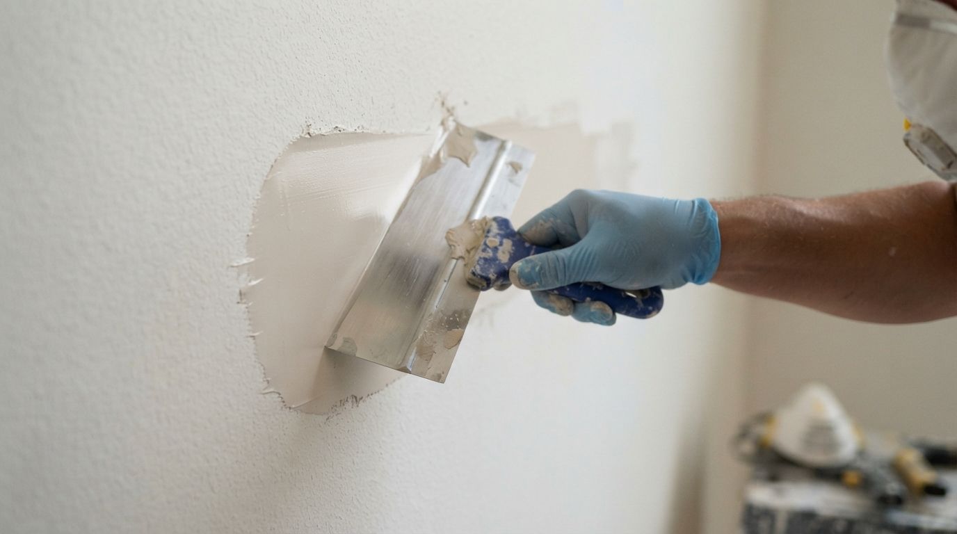 Gloved hand smoothing white plaster on a wall with a putty knife