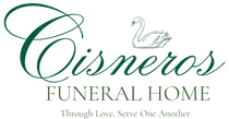 Logo for Cisneros Funeral Home, green text and swan illustration. "Through Love, Serve One Another."