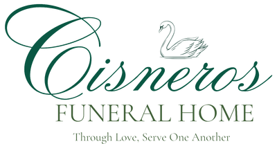Logo for Cisneros Funeral Home, green text and swan illustration. 