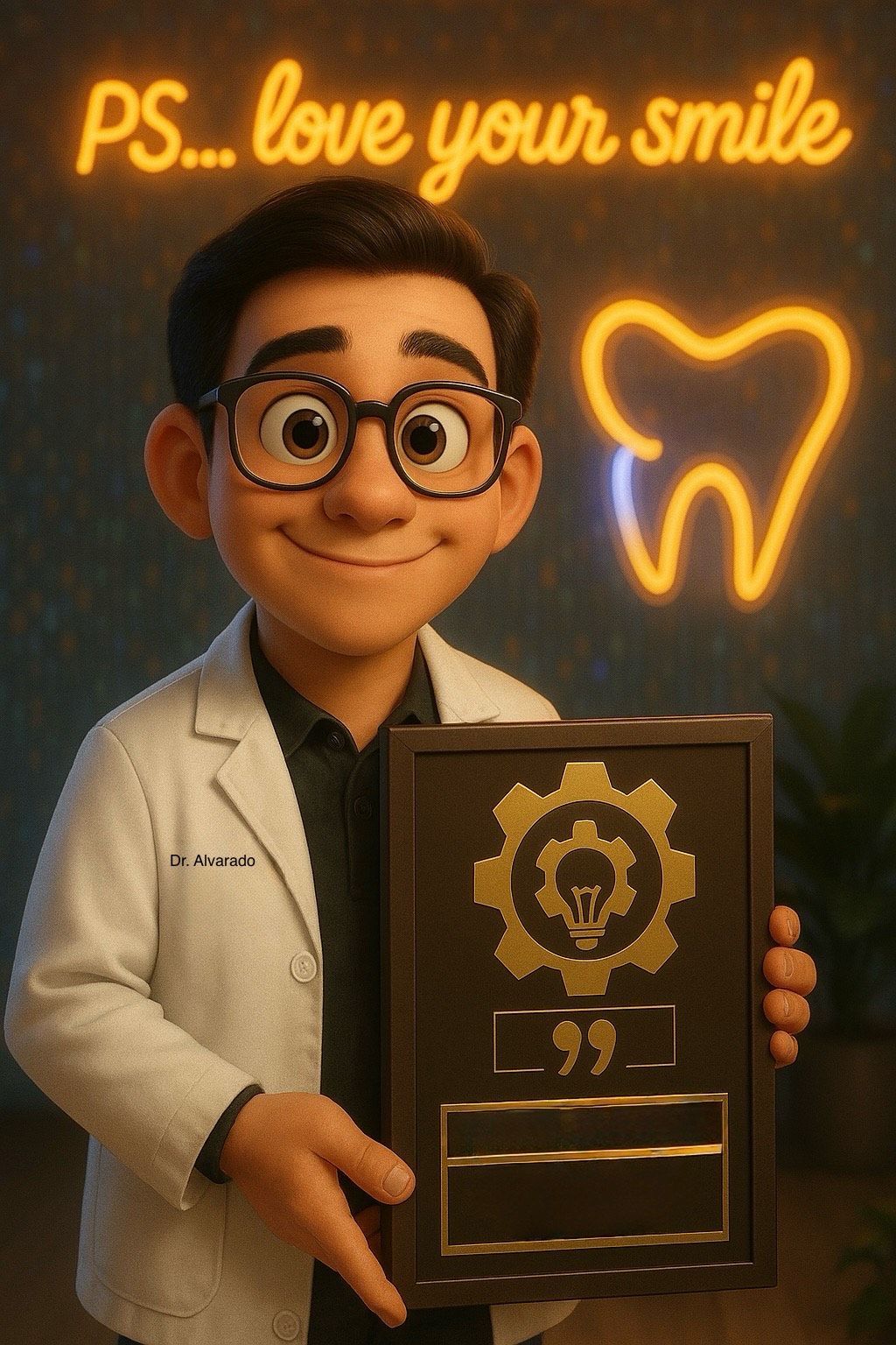 A man in a lab coat is holding a sign that says ps love your smile