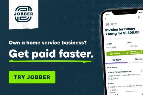 Ad for Jobber: A smartphone displays an invoice. Text states