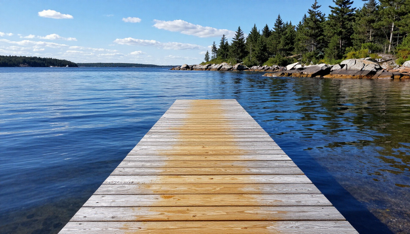 A clean wooden dock overlooking the Maine coastline.