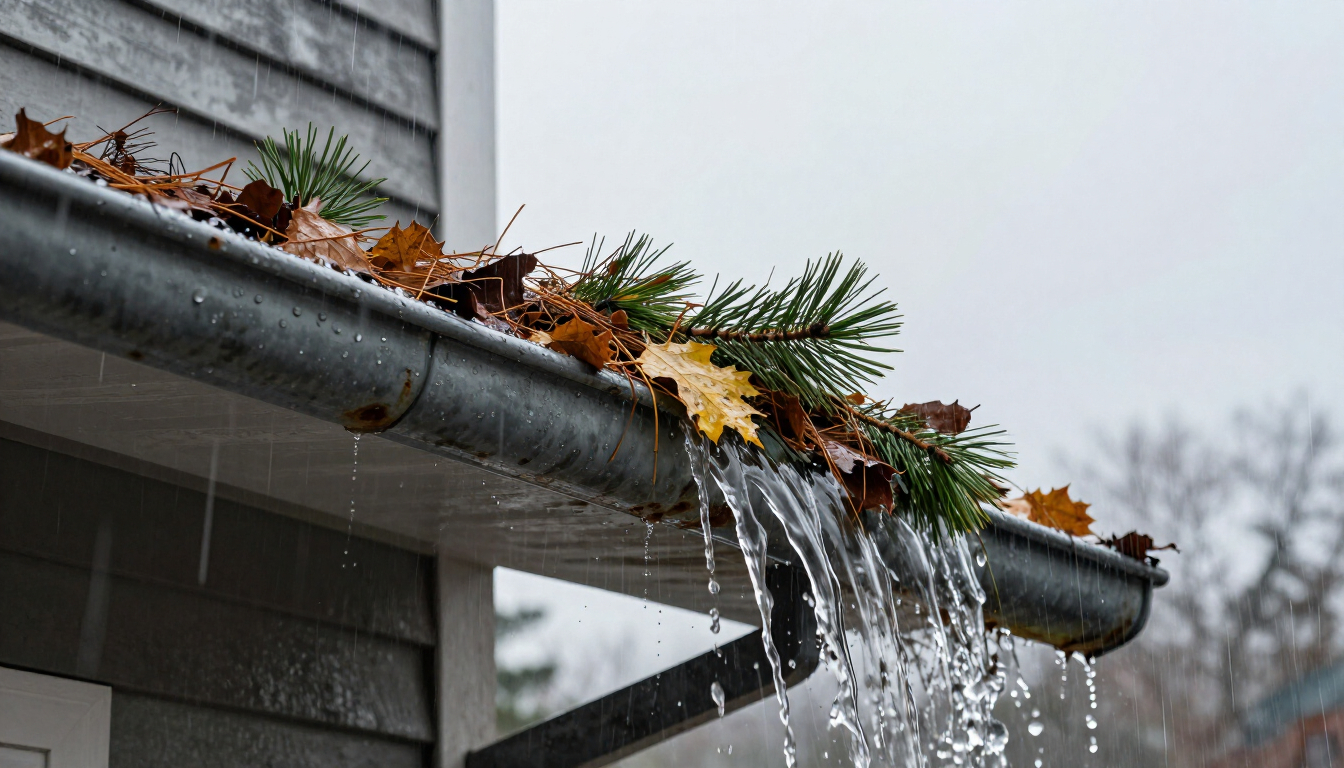 Clogged gutter overflowing with water and leaves on a Maine home.