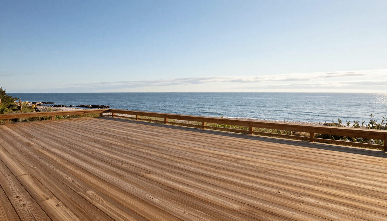 A beautiful clean wooden deck in a coastal Maine backyard.