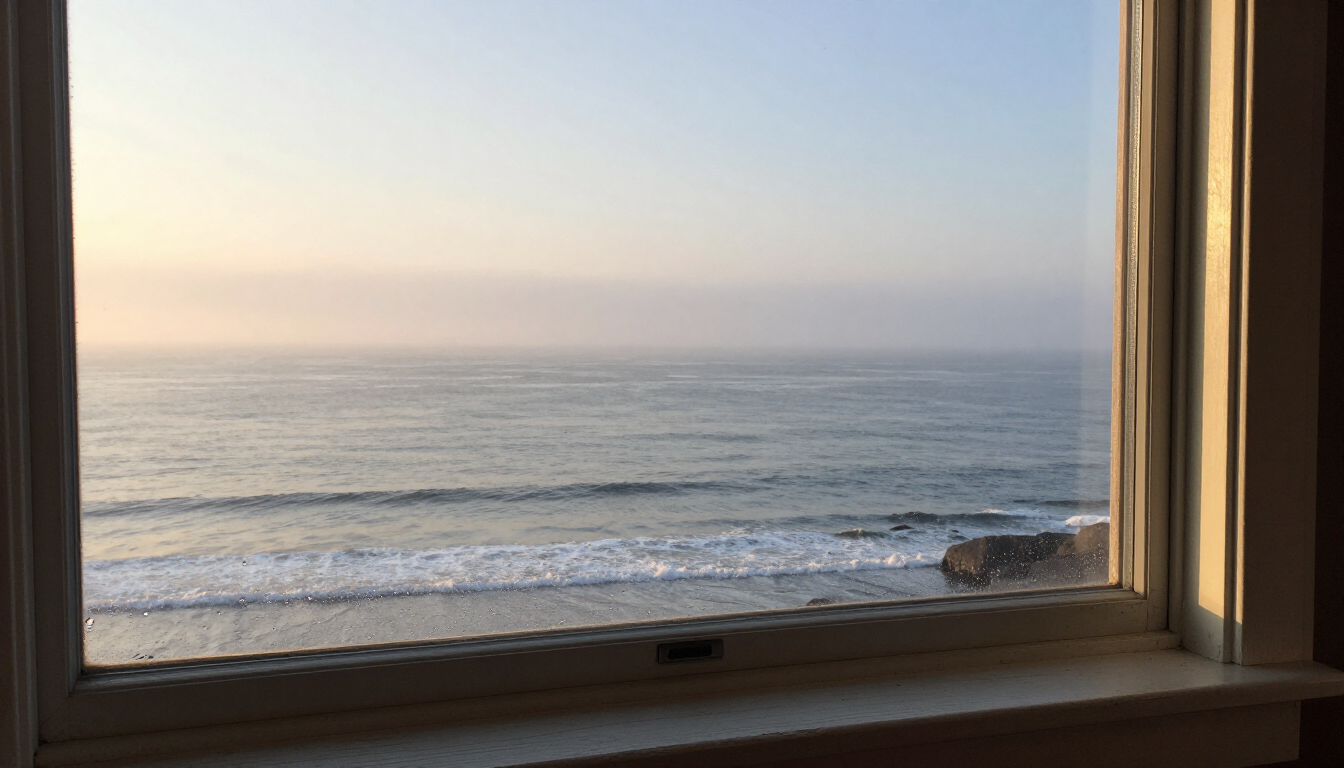 A coastal Maine window with salt spray haze overlooking the ocean.
