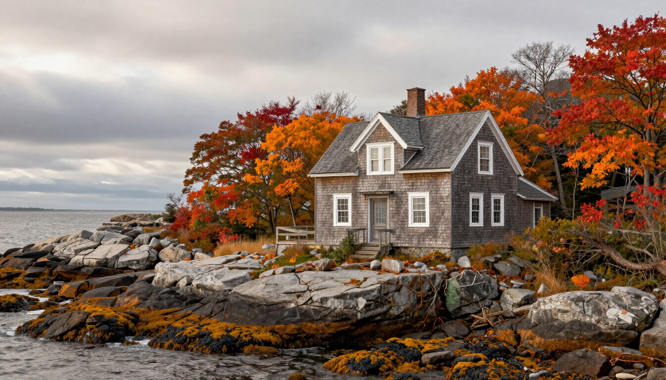 A beautiful Maine cottage being prepared for the winter season along the coast.