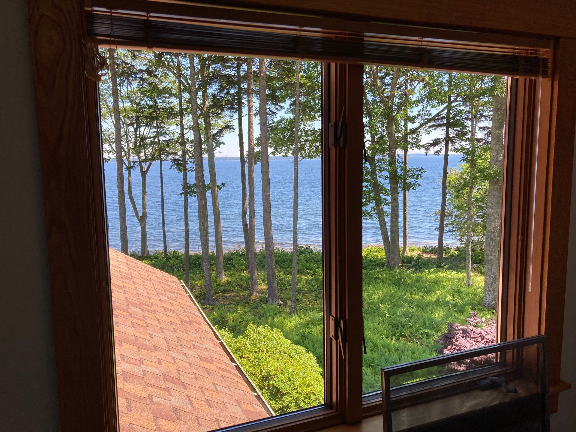 View through a window of pine trees, green grass, and a blue lake beside a red roof.